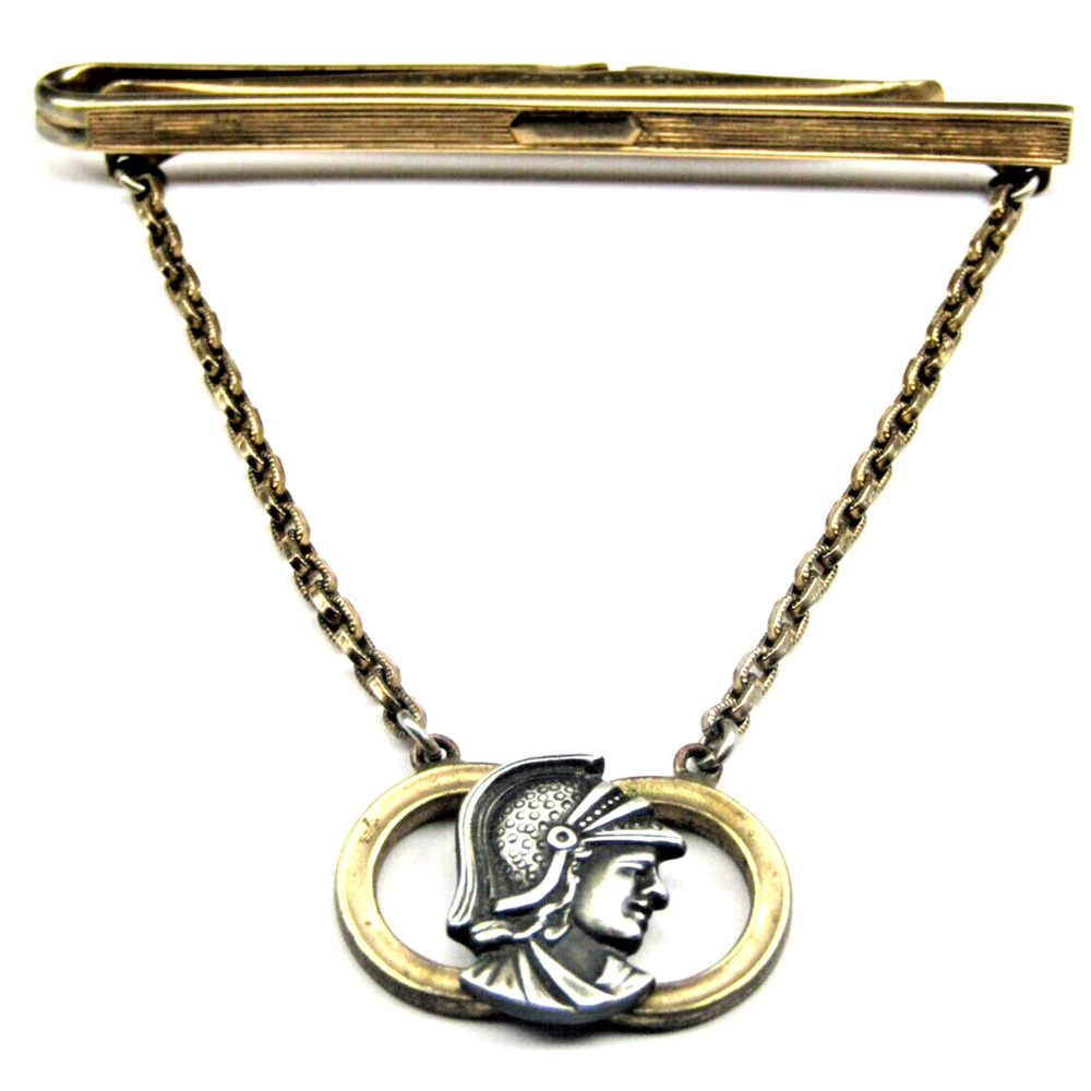 Gold Nu-Lok Warrior Tie Clip Chain Pendant Pewter Spartan Head Men Vintage Wear